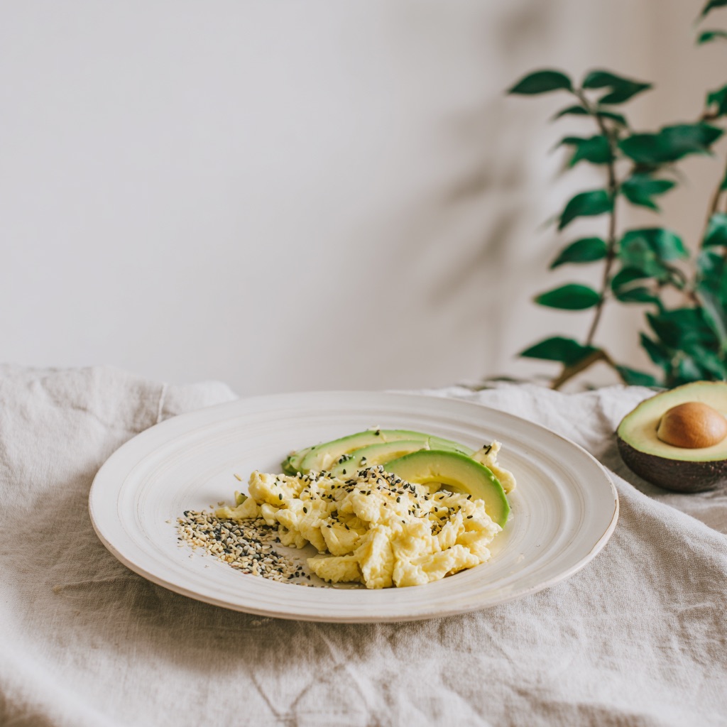 Soft Scrambled Eggs + Avocado + Hemp Seeds