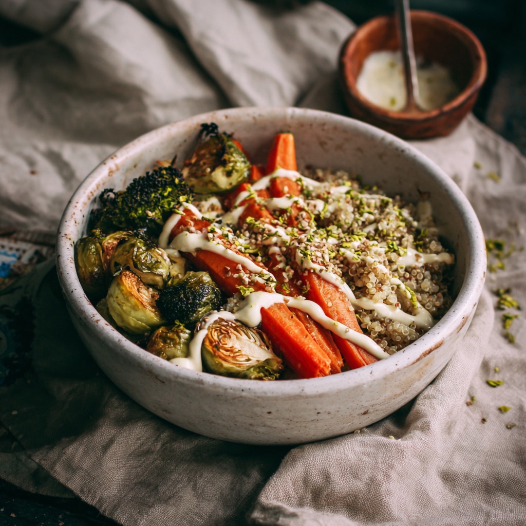 Mini Grain Bowl with Quinoa, Roasted Veggies, and Tahini Drizzle